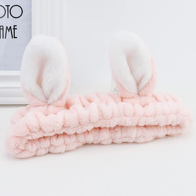 YISSION Cute Bunny Ear Spa Headband for Women and Girls - Soft Plush Makeup Headband for Face Washing, Skincare, Shower, Easter Party Favors (2 Pack, White & Pink)