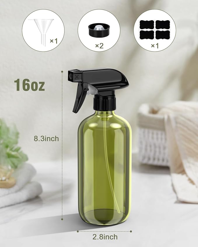 Bontip Glass Spray Bottle, Olive Green Glass Spray Bottle Set & Accessories Refillable for Plants Window Cleaners Aromatherapy Facial Hydration Watering Flowers Hair Care (2 Pack/16 oz) (Olive Green
