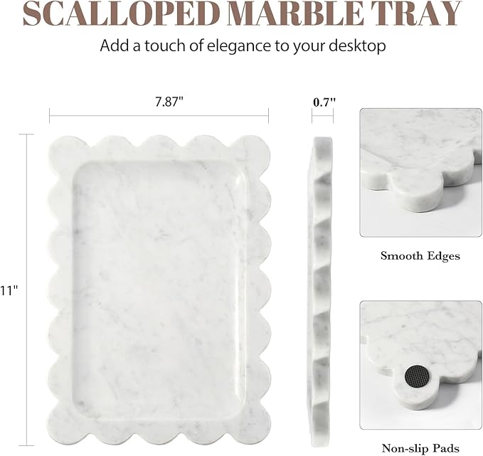 Koville Scalloped Marble Tray, 11"x8" Marble Vanity Tray for Countertop Bathroom Kitchen Dresser, Natural Stone Tray for Jewelry Perfume Home Decor, Decorative Catchall Trays(Bianco Carrara)