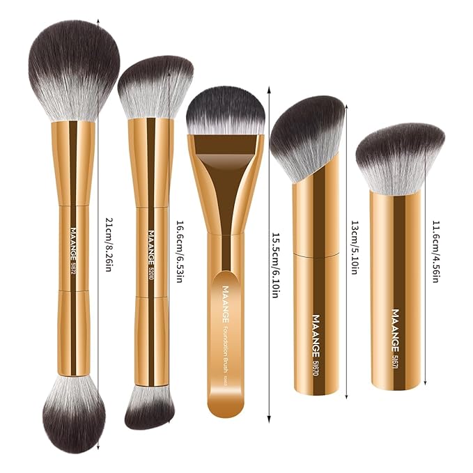 MAANGE 5 PCS Foundation Makeup Brush Set Double-ended Kabuki Mask Contour Brush for Liquid Powder Concealer Cream Cosmetics Blending Makeup Brushes (Gold)