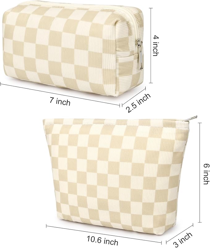 SOIDRAM 2 Pcs Checkered Makeup Bag Large Cosmetic Bag Toiletry Bag Makeup Pouch Travel Bag Organizer Cute Makeup Brushes Aesthetic Accessories Storage Bag for Women Brown Checkered