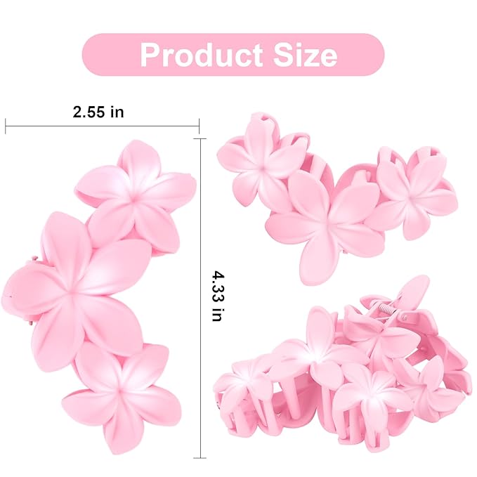ANBALA 4PCS Flower Hair Clips, Tropical Plumeria Hair Clips for Women, Large Non-Slip Strong Hold Claw Clips, Beach Hair Accessories, Pink (4 Count)