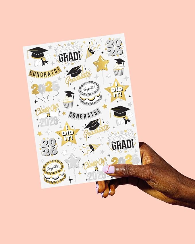 xo, Fetti 2026 Graduation Temporary Tattoos - 48 Foil Styles | New Grad Party Decorations, College Graduate Girls Accessory, High School Senior Gift, Graduation Cap Tassel Decor, Congrats Grad Favor