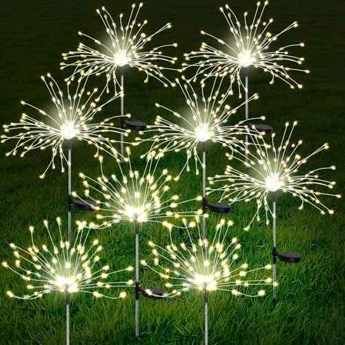 FOOING 8 Pack Solar Garden Lights Solar Firework Lights Waterproof, 200 LED String Light 2 Modes Twinkling Fairy Nightlight for Garden, Wedding, Party, Patio, Yard, Landscape Decoration, (Warm White)