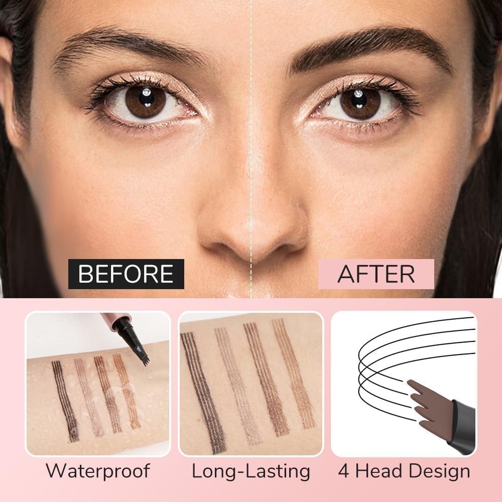 Microblading Eyebrow Pen, New 3D Microblading Eyebrow Pencil, Waterproof Eye Brow Pen with 4 Tip, Natural Magic Eyebrow Makeup Fine Stroke Contouring Pencil Long-Lasting Stay on All Day (Gray)