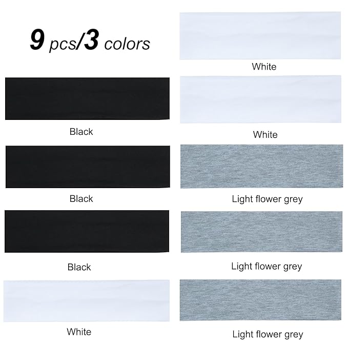 9Pcs Headbands for women Non Slip Headband, Soft Elastic Hair Bands for Women's Hair, Fashion Cotton Cloth Stretchy Sweat Bands Headbands for Sports, Makeup, Gym, Running,Yoga, Workout (3Colors-A)