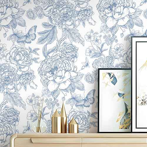 Safiyya Floral Peel and Stick Wallpaper Blue and White Contact Paper Boho Wallpaper for Bedroom Peony Wall Paper for Bathroom Removable Self Adhesive Vinyl Rolls 17.3''¡¿78.7''