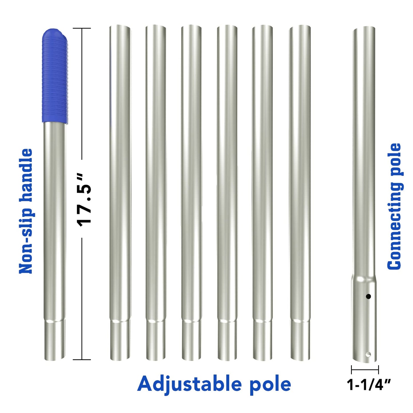 POOLWHALE 10.5 Foot Premium Aluminum Telescopic Swimming Pool Pole, Special Stripes Texture Strong Grip, Adjustable 8 Pieces 1.0 mm Expandable Step-Up, for Skimmer Nets, Vacuum Heads and Brushes