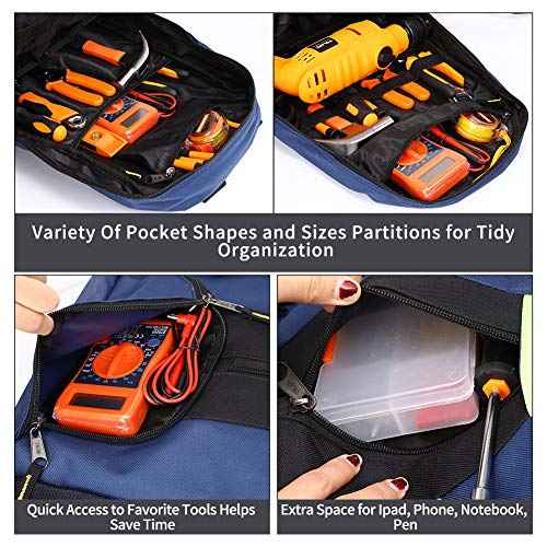 QEES Heavy Duty Tool Backpack, 1680D Oxford Cloth, Electrician's Bag With Durable Handles & Straps