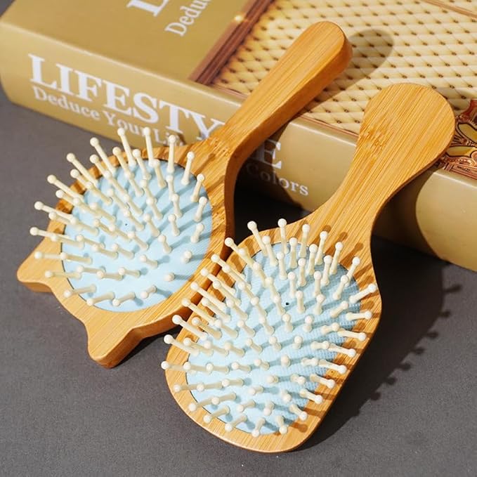 Blue Mini Bamboo Hair Brush – Portable Travel Hairbrush for Kids & Adults, Compact Scalp Massage Hair Brush, Anti-Static, Easy to Carry