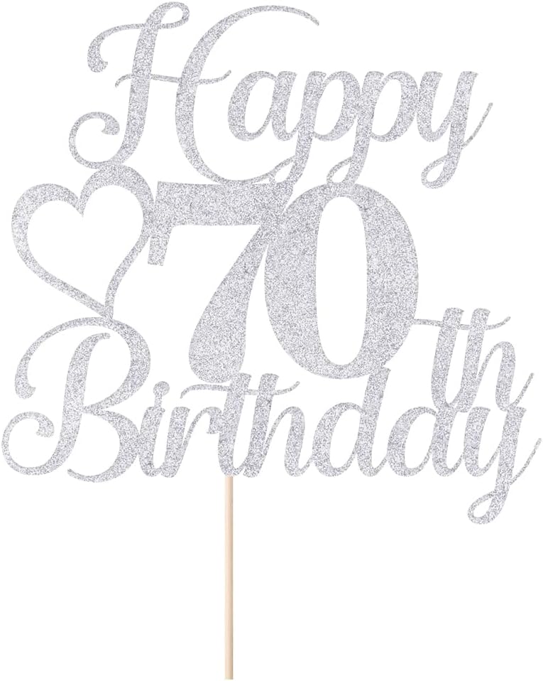 Silver Glitter Happy 70th Birthday Cake Toppers Cheers to 70 Years Old Decoration 70th Anniversary Cake Topper, seventy Theme Cake Decorations for Birthday Anniversary Party (Silver -70)