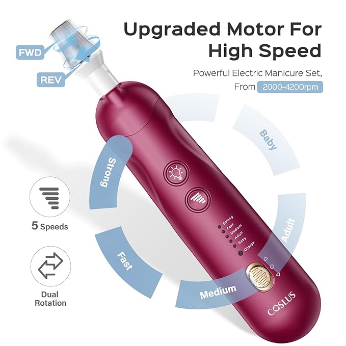 COSLUS Professional Manicure Pedicure Kit: 5 Speed Cordless Nail Drill for Thick Nail Toenail Cuticle, Hand Feet Trimmer Buffer for Women Men Baby Pet (RED)