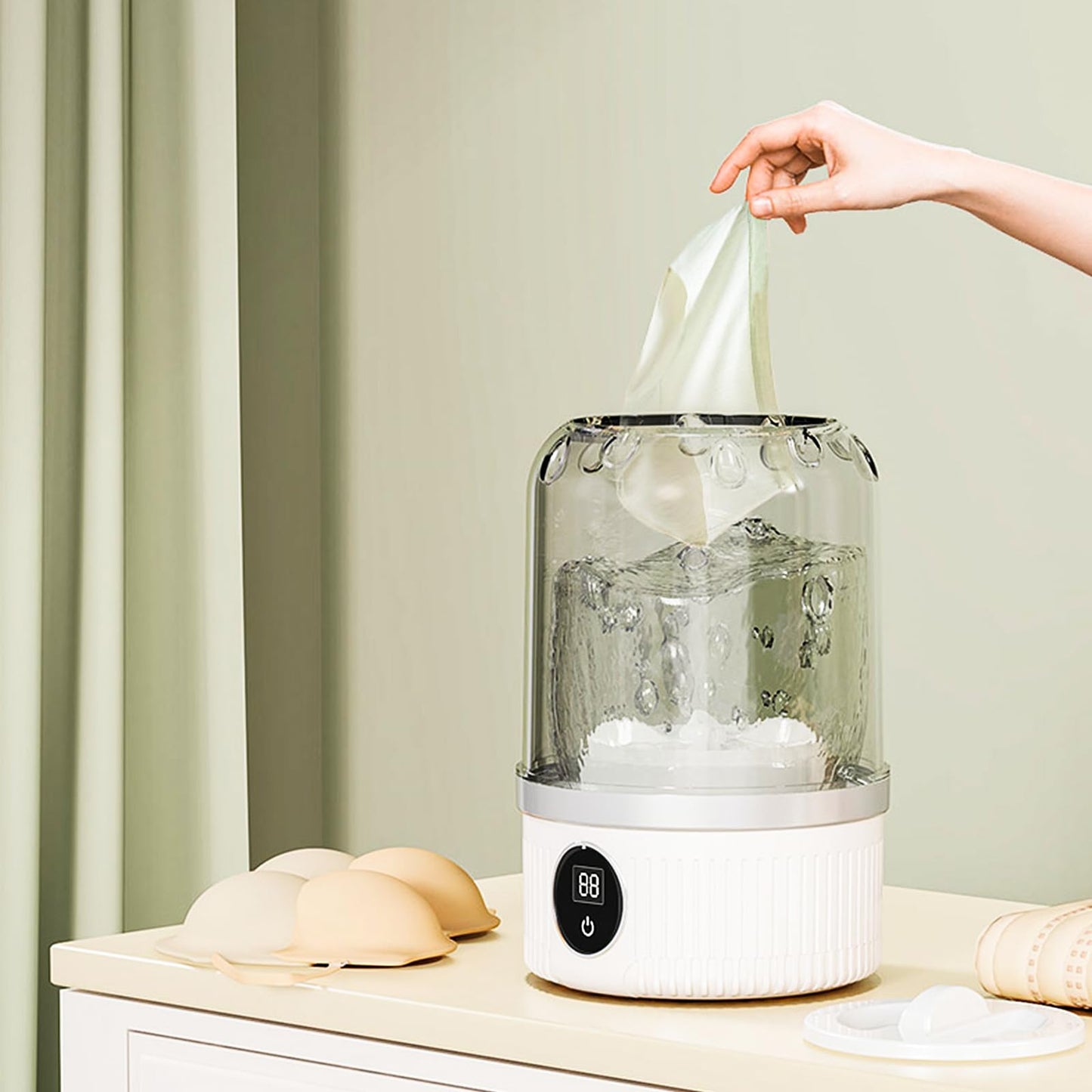Portable Mini Washing Machine, 1 L underwear washer with Digital Timer Display for underwear, socks, saliva towels, suitable for apartments, hotels, and travel and Fathers Day（Pearl White）
