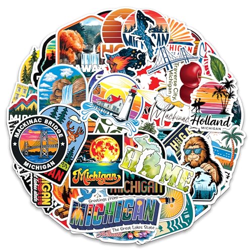 Michigan State Travel Stickers 50 Pieces Vinyl Waterproof Decal for Laptop Water Bottle Phone Car Window Bike Motorcycle Stakeboard Scrapbook Sticker Gifts
