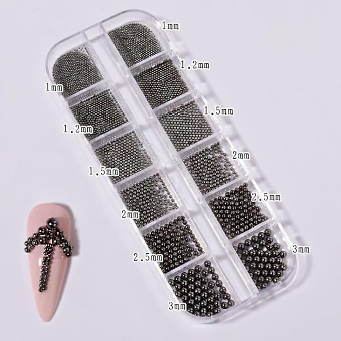 0.8mm Mini Small Nail Beads Stainless Steel Beads Black Nail Charms Nails Art Decorations Gun Grey Rose Gold Caviar Nail Charms DIY Tool Nail Studs Accessories Caviar Tips for Manicure (Black)