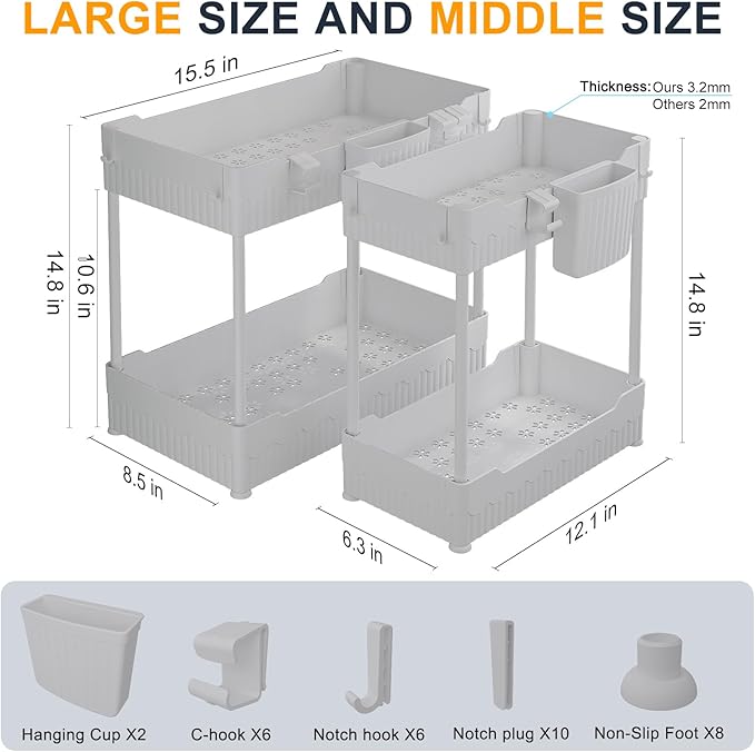 Sevenblue 2 Pack Under Sink Organizer, Under Bathroom Cabinet Organizer with Hooks Hanging Cup, Multi-Purpose Storage Shelf for Kitchen Bathroom (Gray, 14.8 Inch)