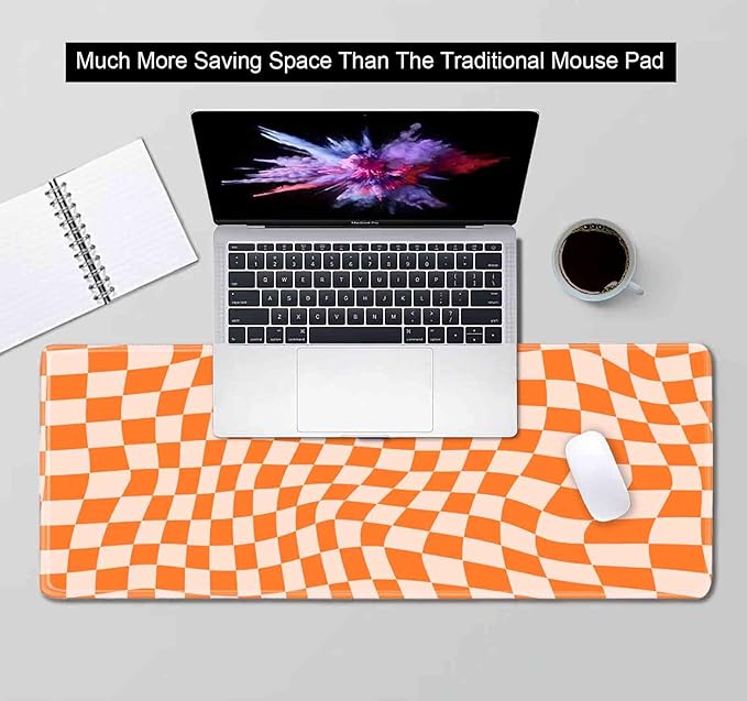 Orange Checkered Desk Pad, Boho Pattern Extra Large Mouse Pad, Desk Protector Pad, Writing Mat for Work Home Decor, Non-Slip Rubber Gaming Mouse Pads for Computer Laptop, 31.5 X 11.8 in