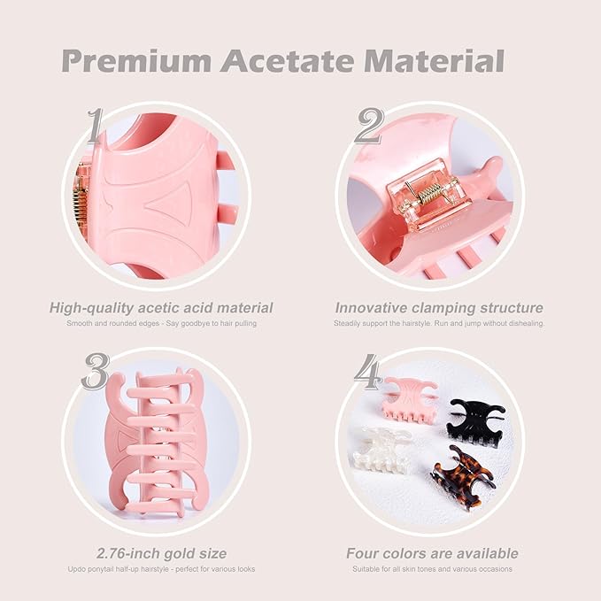 Premium durable acetate butterfly hair clips, 4 Pack. Medium Size Acetate Hair Claw Clips with Secure Hold,Perfect for Updos(2.76 x 1.66 in)