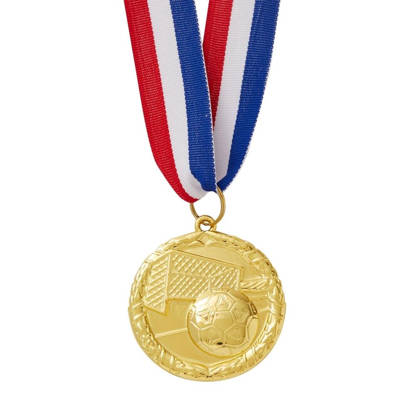 Juvale Soccer Medals - 12-Pack, 2-Inch Gold Zinc Alloy with 15.5-Inch Red, White & Blue Ribbons - Soccer Party Favors, Trophy Award - 1st Place Medals