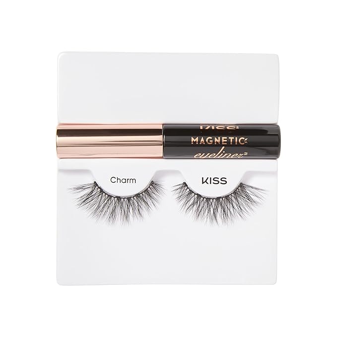 KISS Magnetic False Eyelashes and Eyeliner, ‘Charm’, 12mm, Easy to Apply, Reusable, No Glue, Flexible Band, Precision Felt Tip, Fortified Formula, 1 Pair Strip Lashes