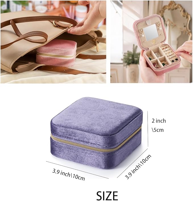 Plush Velvet Travel Jewelry Case, Travel Jewelry Organizer, Jewelry Travel Case,Travel Jewelry Box, Small Jewelry Case for Women, Jewelry Travel Box, Earring Organizer with Mirror - Periwinkle