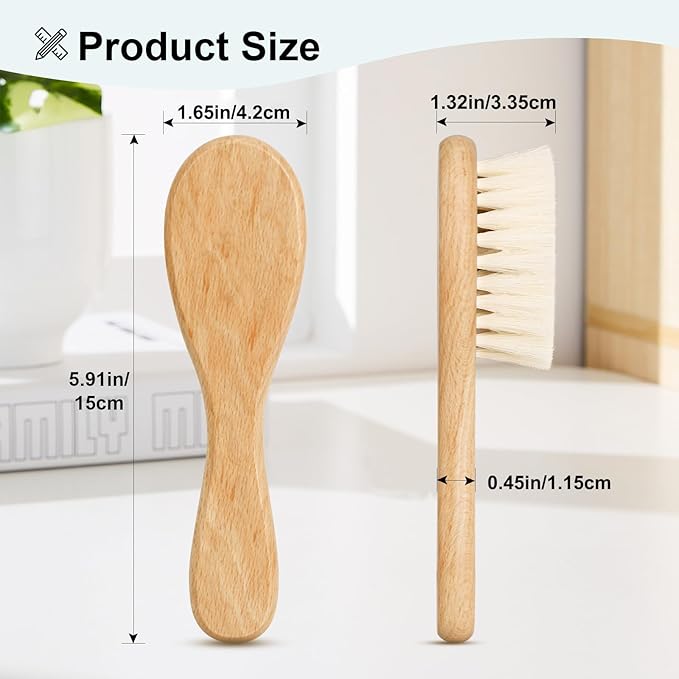 Baby Hair Brush with Wooden Handle and Comb Set for Newborns & Toddlers | Natural Soft Goat Bristles l Wood Comb l Green Cradle Cap Brush | Ideal for Cradle Cap (3 Piece)