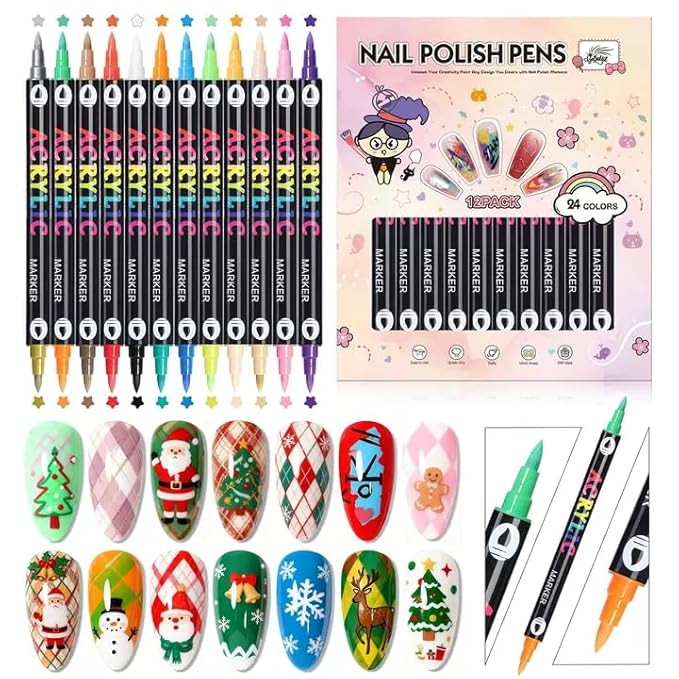 24 Colors(12Pcs-dual) Nail Art Pens Set, 3D Nail Polish Pens Quick-Drying Acrylic Paint Markers, Dotting Liner Brush for DIY Nail Design, Home & Salon Manicure Tools, MarkerPen
