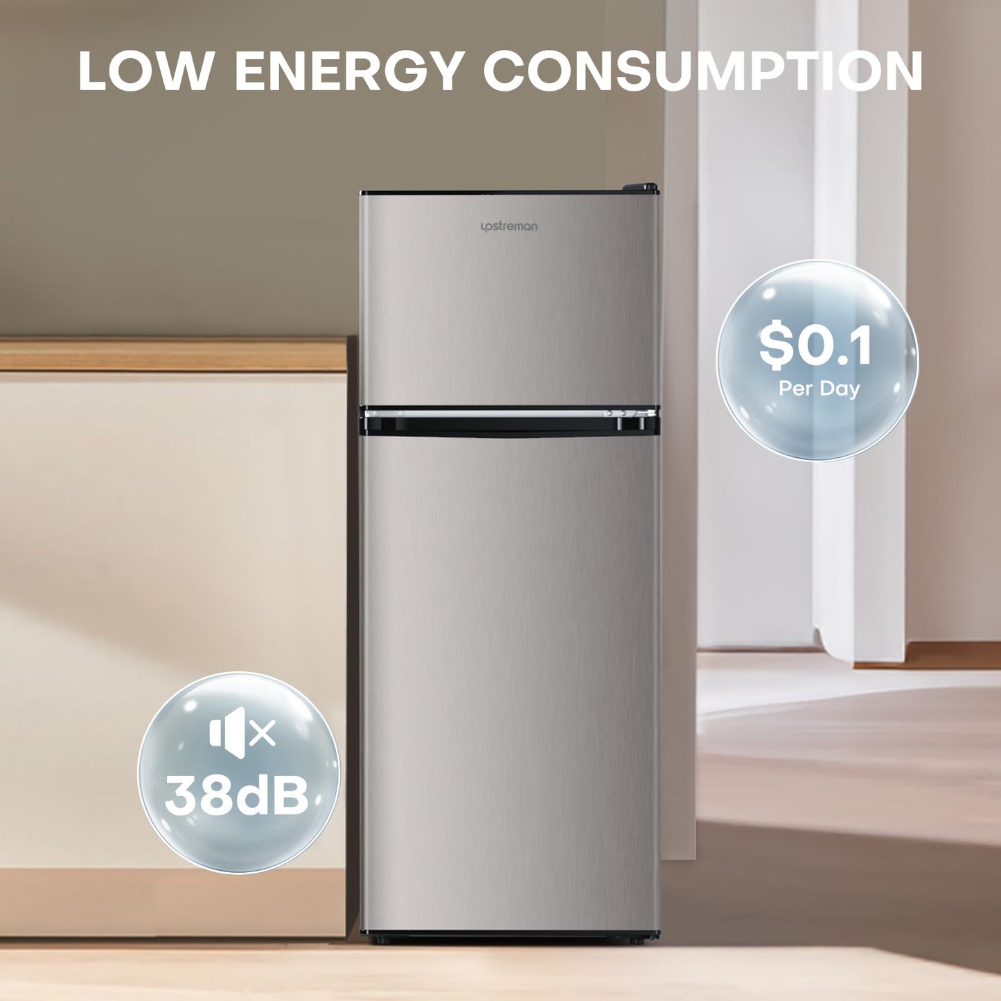 Upstreman 4.0 Cu.Ft. Mini Fridge with Freezer, Dorm Essentials, Double Door, Small Refrigerator for Office, Dorm, Bedroom, Adjustable Thermostat, Large Capacity, Stainless-SR401