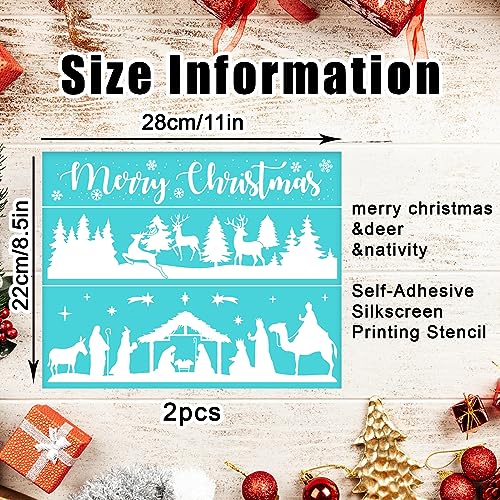 2PCS Christmas Silk Screen Stencil 11x8 Self-Adhesive Mesh Stencils Silkscreen Stencil for Chalk Paste with Reindeer Pine Tree for Printing on Wood Fabric Wall Cup Plate Glass Paper