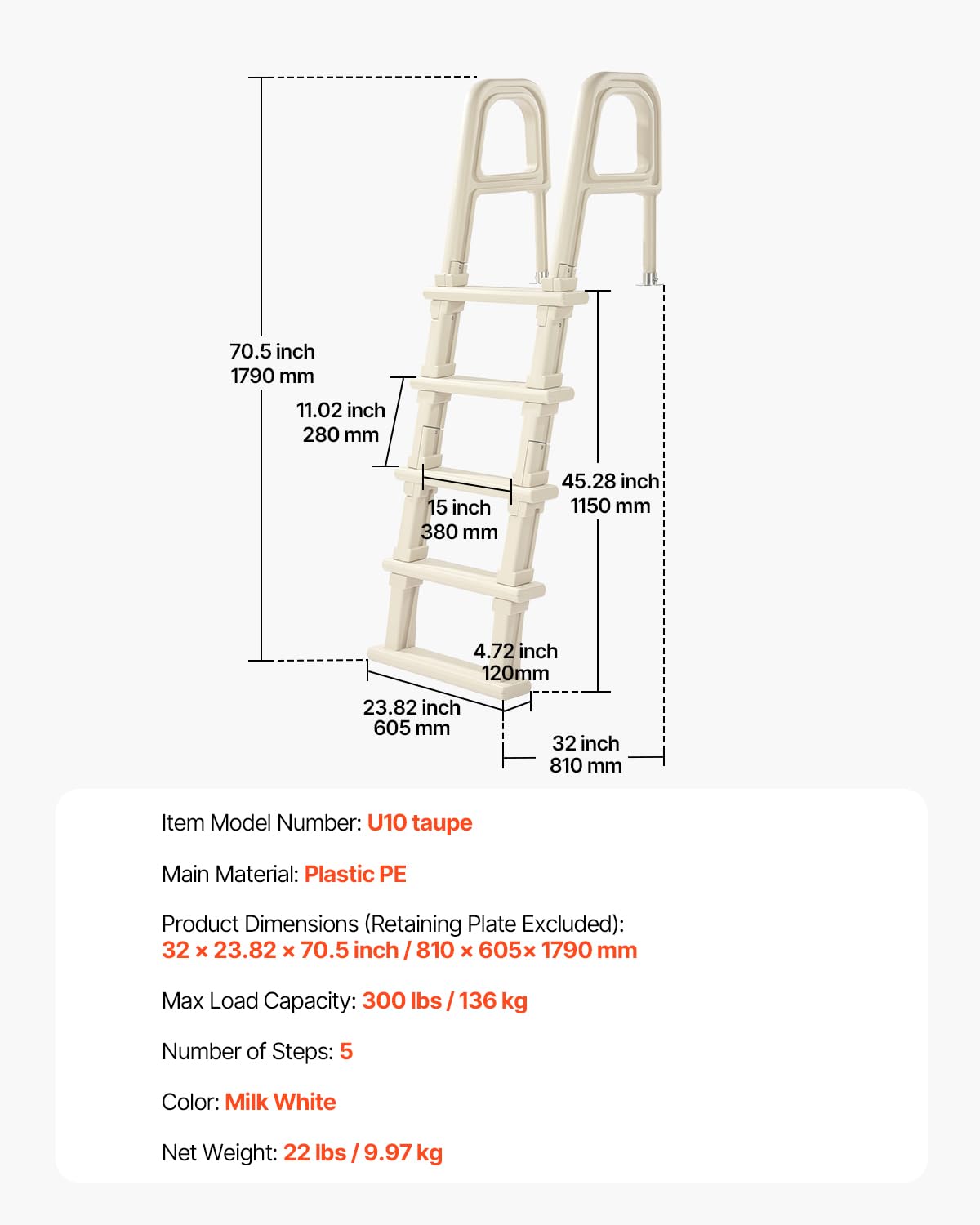 VEVOR Swimming Pool Ladder, 75°Inclined 5-Step Double Handrails Stair, Non-Slip Heavy Duty Steps, Load Capacity 300 lb, for 48-54 in Inground & Above-Ground Pools of Any Deck Surface Indoor & Outdoor