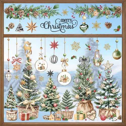 decalmile Christmas Tree Double Sided Window Clings Forest Tree Green Leaves Xmas Ball Anti-Collision Glass Doors Window Stickers Decals Celebration Decoration