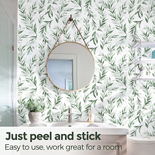 Beautyhero Peel and Stick Wallpaper 17.7 x118.1 Inch Olive Green Leaf Wallpaper Floral Contact Paper Bathroom Vinyl Removable Modern Farmhouse Sage Green Wall Paper Self Adhesive Neutral
