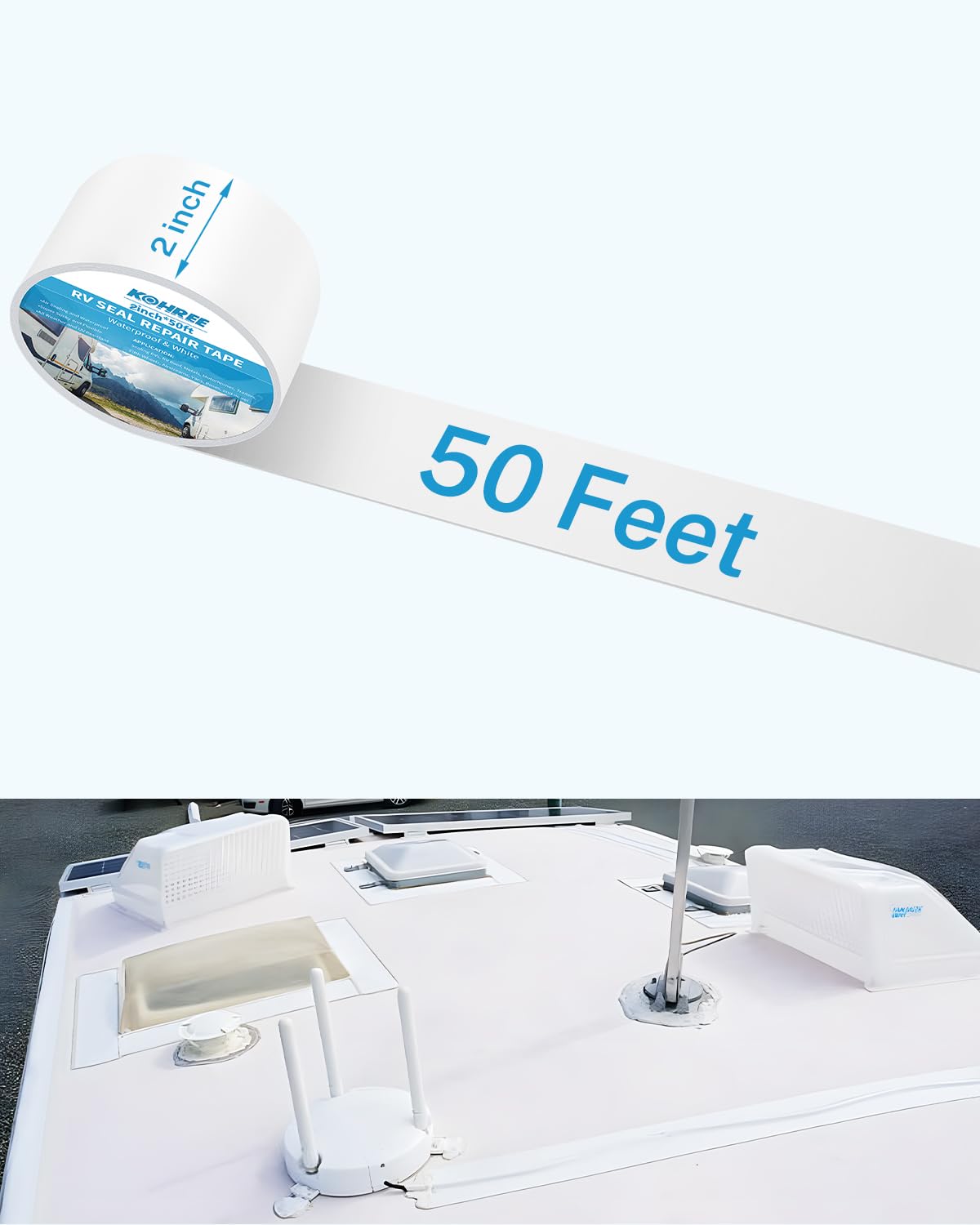 Kohree RV Sealant Tape, 2 Inch x 50 Foot RV Roof Tape White Waterproof Seal Tape UV & Weatherproof Sealant Roofing Tape for RV Repair, Window, Boat Sealing, Truck Stop Camper Roof Leaks