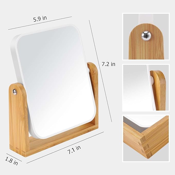 LFOYOU Vanity Makeup Mirror with Natural Bamboo Stand, Double Sided 360 Degree Swivel Magnifying Mirror, Tabletop Magnified Make up Mirror for Bathroom or Bedroom 8 Inch