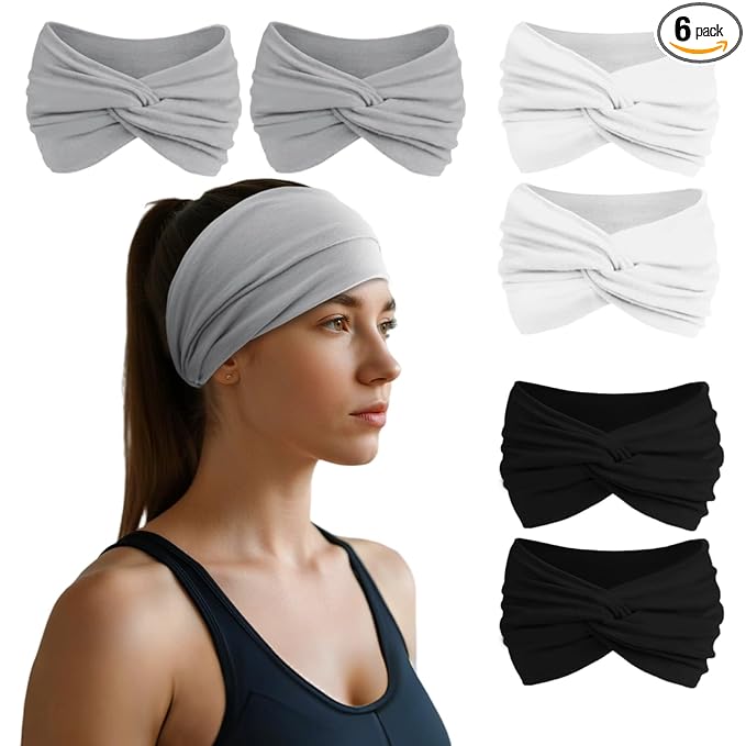 HSEM Headbands for Women, Non Silp Wide Hair Bands, Elastic Thick Head Bands, Stretchy Soft Sports Sweat Bands for Spa Workout Running Gym, Cotton Cloth Hair Accessories 6Pcs, Two Black/White/Gray