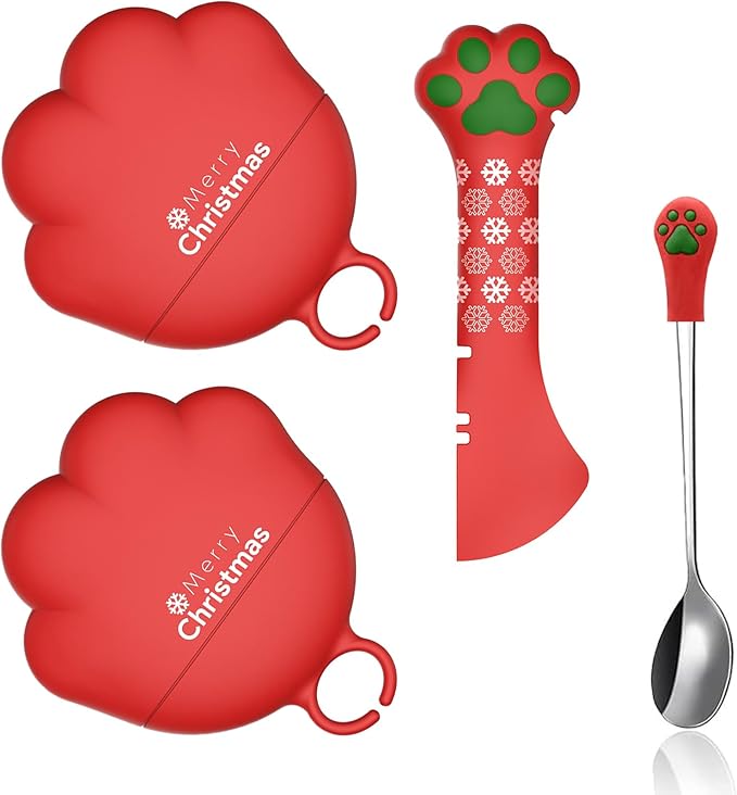 SJANE 4 Pcs Christmas Style Cat Food Can Spoon & Can Covers | Cute Paw Silicone Pet Food Tin Opener Spatula & Lids | Stainless Steel Wet Foodstuff Spoon for Cats and Dogs(Christmas Red)