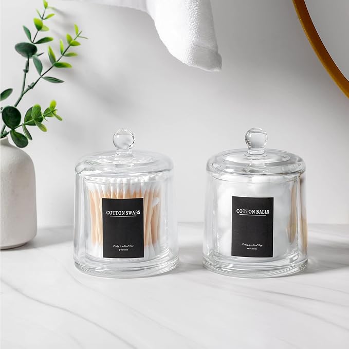 Qtip Holder Thick Glass Apothecary Jars with Lid for Bathroom Accessories Vanity Organizers and Makeup Storage for Cotton Ball, Swabs, Candy, Jewelry, Bathroom Decor, 2 Pack Clear