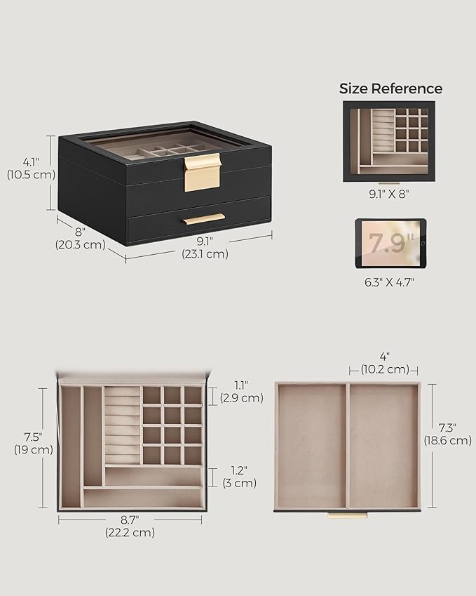 SONGMICS GISELLA Collection - Jewelry Box Organizer, 2-Layer Jewelry Storage with 1 Drawer, Shiny Metal Hardware, Glass Lid, Modern, 8 x 9.1 x 4.1 Inches, Ink Black and Gold Color UJBC174B01