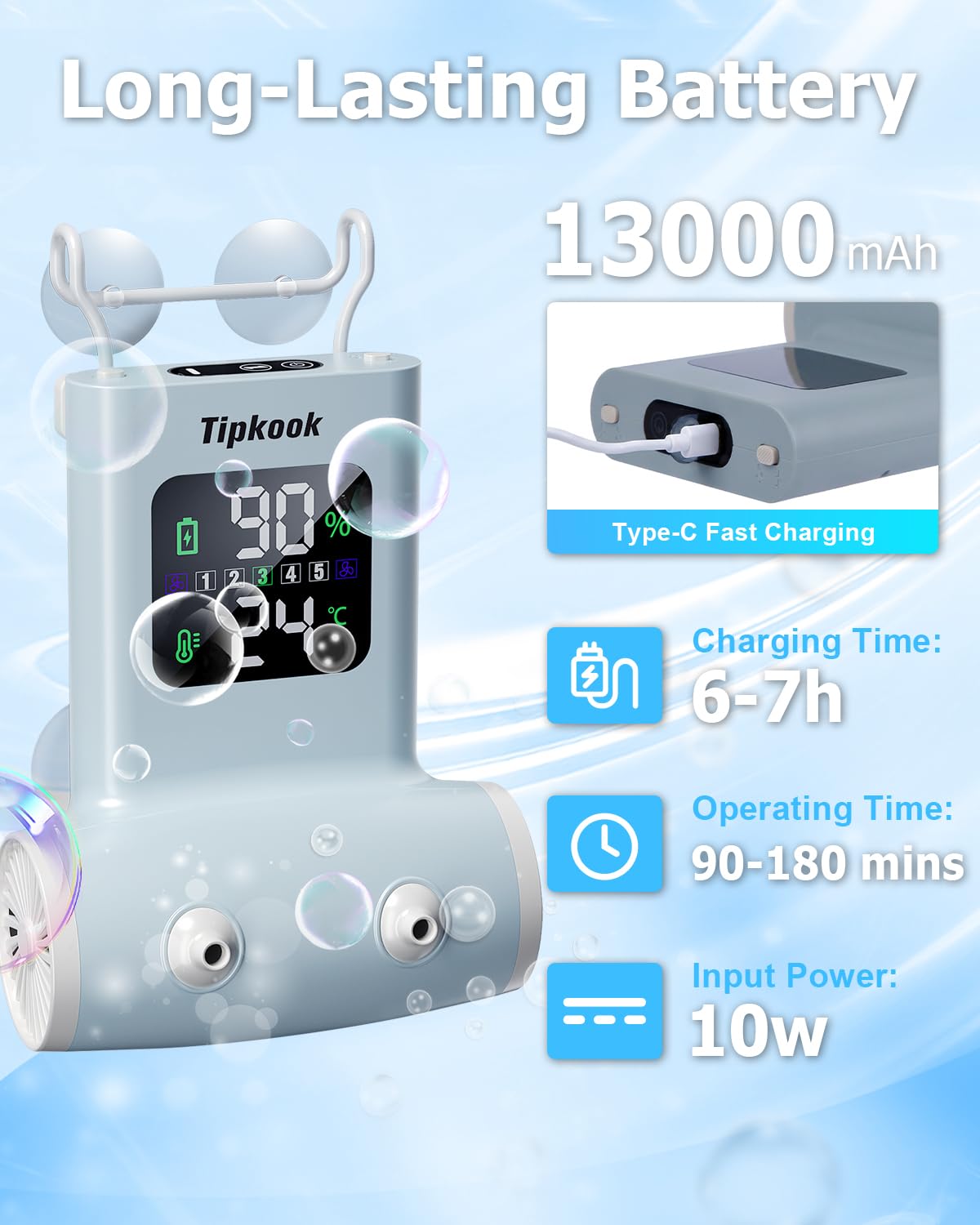 Tipkook Portable Bath Jets for Tub: 5-Speed Jet Spa for Bathtub with LED Display, Bath Jet/Bubble Mode, Rechargeable Bath Jets, Dual Water Outlet, IPX8 Waterproof, Ideal Gift for Home - Blue