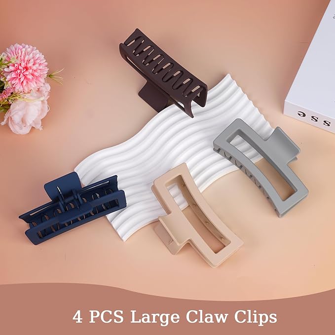 5 Inch XL Jumbo Claw Clips for Thick and Long Hair, 4-Pack Oversized Matte Rectangle Hair Clips for Women, Strong Hold Non-Slip Jaw Clips, Dark Shades