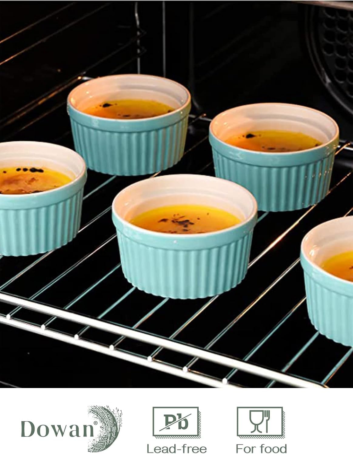 DOWAN Ramekins 6 oz Oven Safe - 6 oz Ramekins for Creme Brulee Souffle, Porcelain Ramekins for Baking, Classic Style Ramekins Bowls, Set of 6, Blue