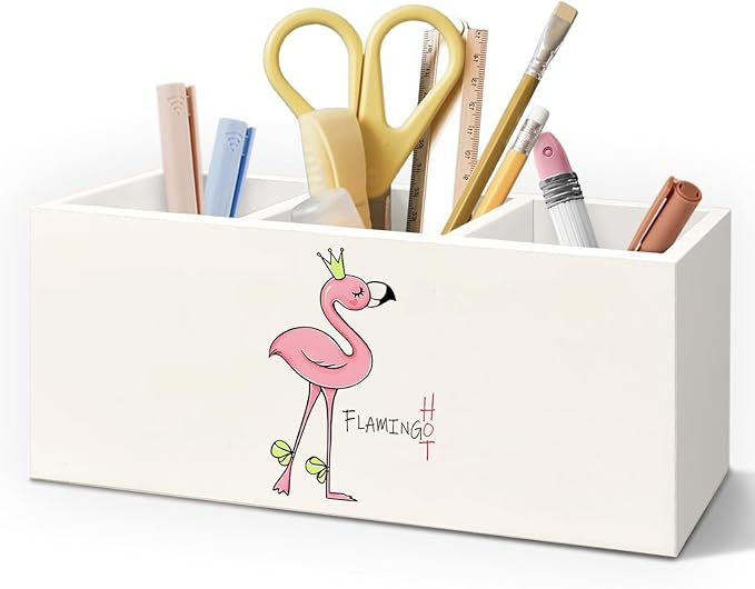 Funny Flamingo Wooden Pen Pencil Holder for Desk Accessories, Preppy Girly Desk Decor, Funny Pink Flamingo Wood Makeup Brush Toothbrush Holder Organizer for Vanity Bathroom