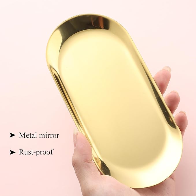 1Pcs Manicure Tools Storage Tray, Oval Stainless Steel Storage Dish Nail Art Accessory Display Tray Jewelry Rhinestone Cosmetic Nail Decorations Organizer Metal Storage Plate (Gold)