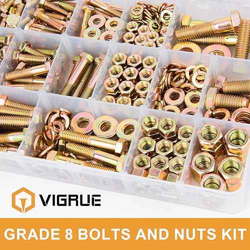 VIGRUE 636PCS Grade 8 Bolt Assortment Kit, 1/4-20, 5/16-18, 3/8-16, 1/2-13 Heavy Duty SAE Bolts and Nuts Washers Kit