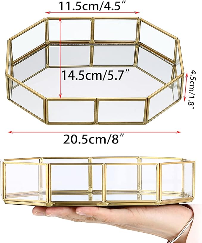 Hipiwe Mirror Glass Vanity Tray - Gold Ornate Makeup Tray Vintage Octagonal Perfume Tray Dresser Trays Jewelry Trinket Organizer for Bathroom Storage Trays for Home Decor