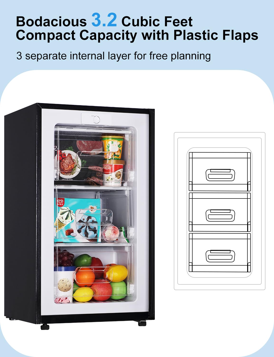 Upright freezer 3.2 Cu.Ft Mini Freezer with Reversible Door - Stand Up Freezer w/3 Adjustable Thermostat - Freestanding Compact freezer w/3 Plastic Baffles for Kitchen/RV/Dorm/Apartment,Ultra-Quiet