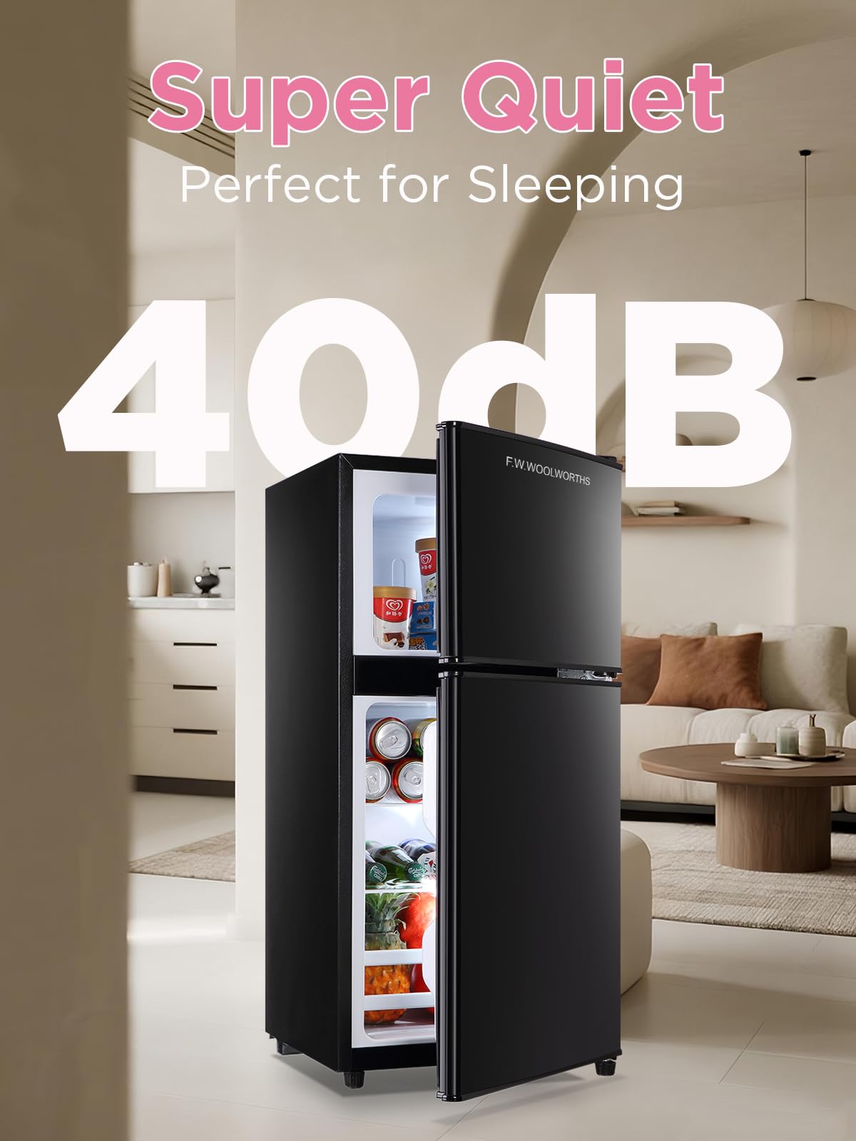 F.W.WOOLWORTHS 3.5 Cu.Ft Refrigerator with Freezer, 2-Door Fridge, Adjustable Thermostat, for Dorm, Office, Bedroom, RV, Black