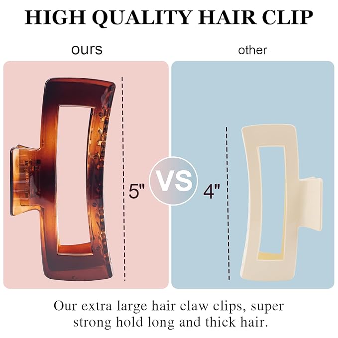 4 Pack Extra Large Hair Claw for Women, 5'' Strong Hold Bright Clamps for Thick and Long Hair, 90's Non-slip Square Jaw Clips for Curly Hair,