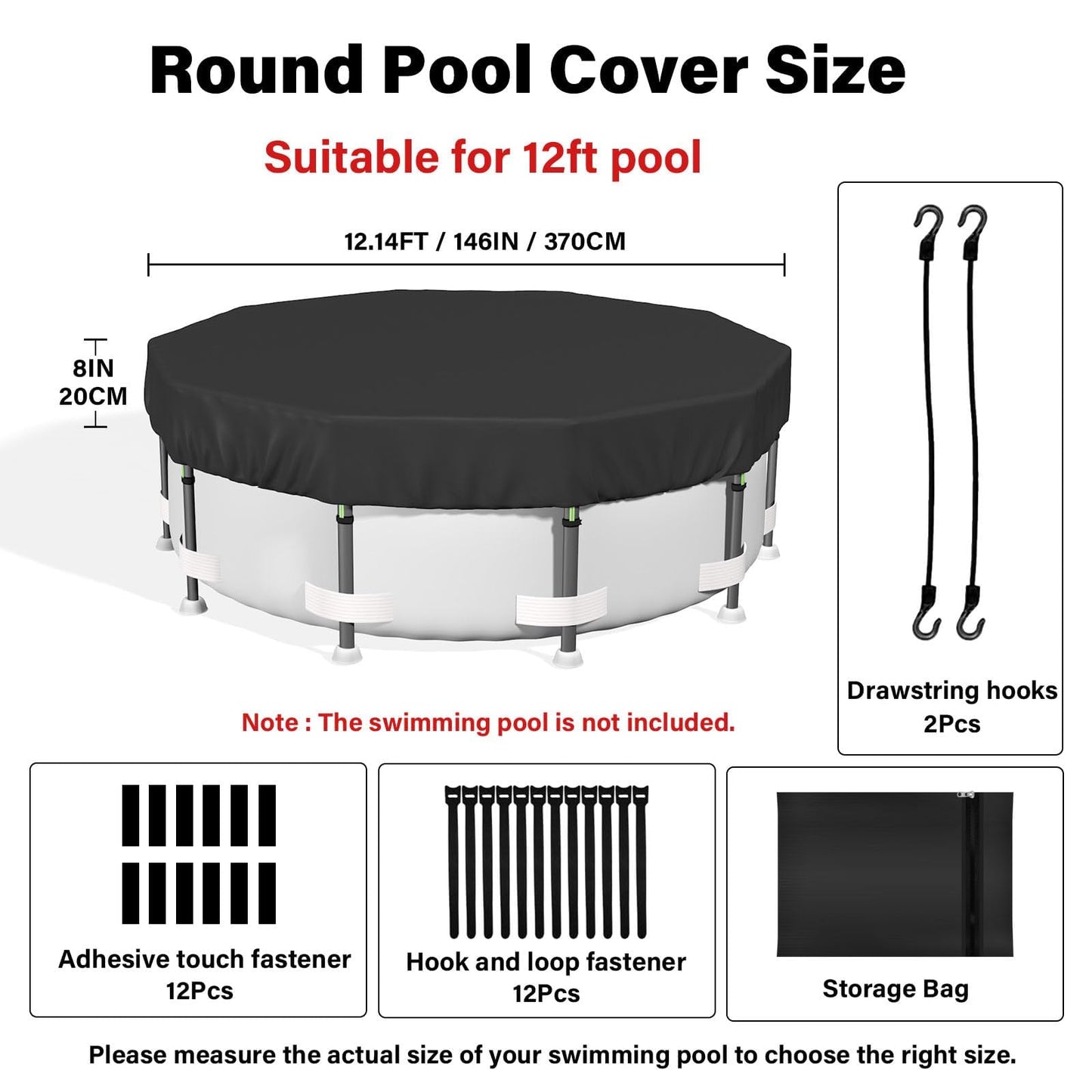 SAFANA 12FT New Pool Covers for Above Ground Pools, Round Swimming Pool Cover [Upgrade 420D Thicker] Protective Leaf Cover with Reflective Strip, Tear Resistant Durability Fabric, UV Resistance, Black