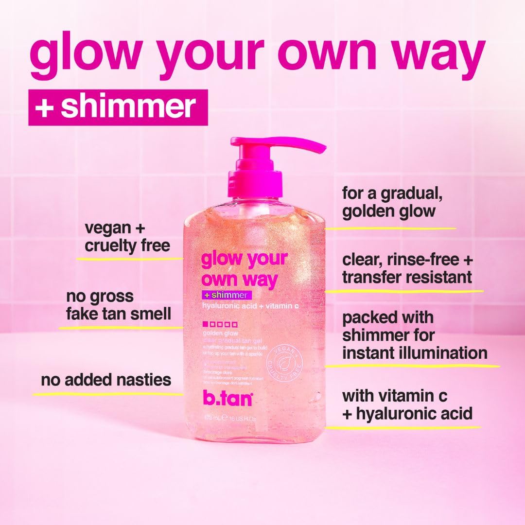 b.tan Clear Gradual Self Tan Gel | Glow Your Own Way Shimmer - Sunkissed Golden Bronze, Transfer Free, Best Extender, Moisturizing, Non Toxic Sunless Tanning Lotion, No Fake Tanner Smell, 16 Fl Oz